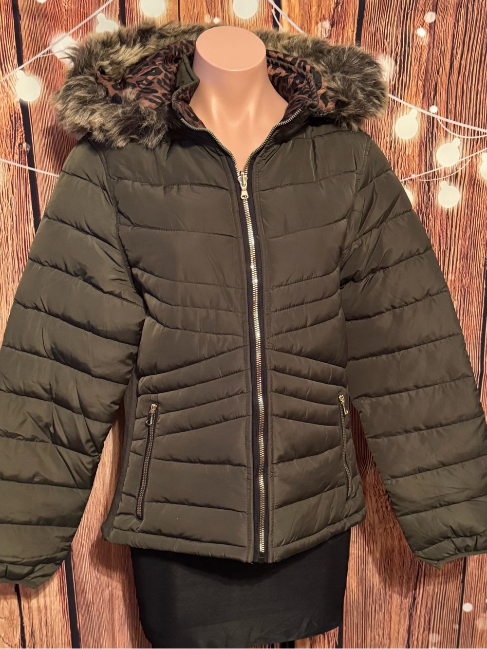 Reversible Army Green and Brown Leopard Puffer Jacket with Faux Fur Hood
